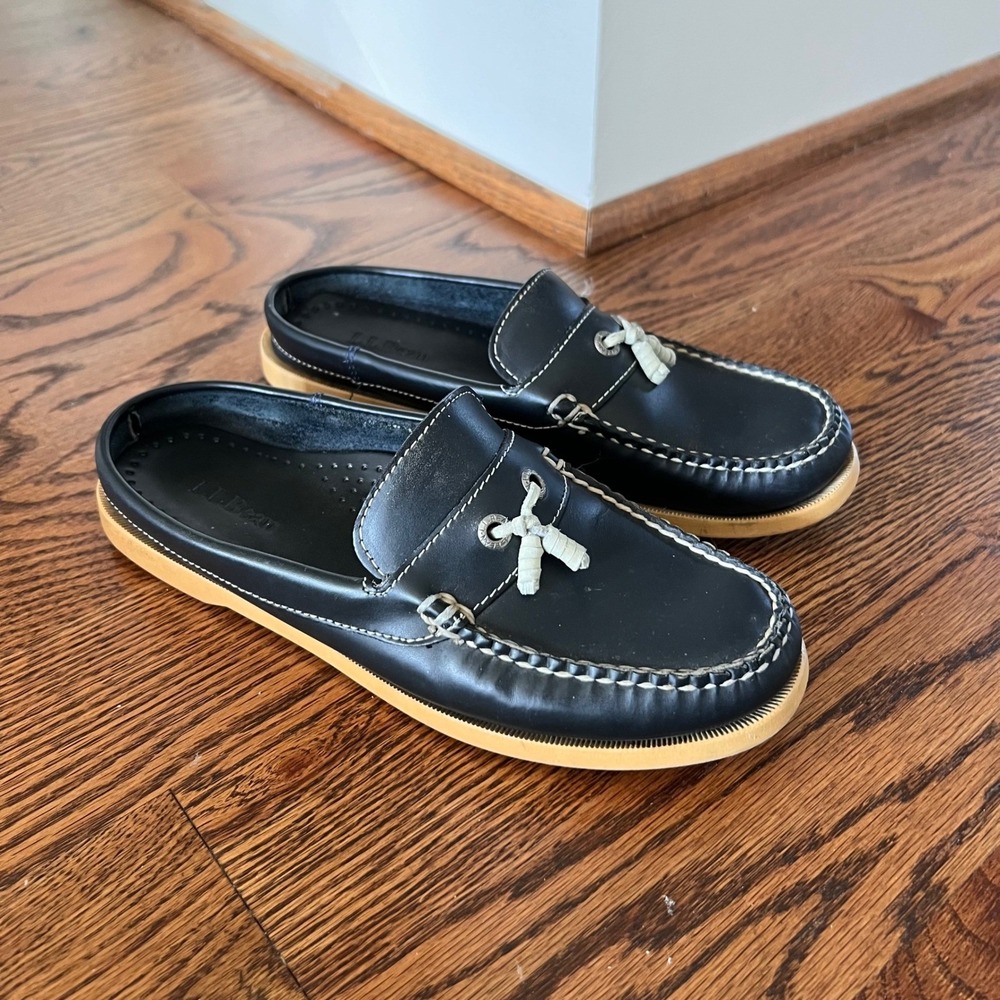 LL Bean Womens Navy Blue Leather Boat Shoe Mules Loafers 7.5 M 0DWS4